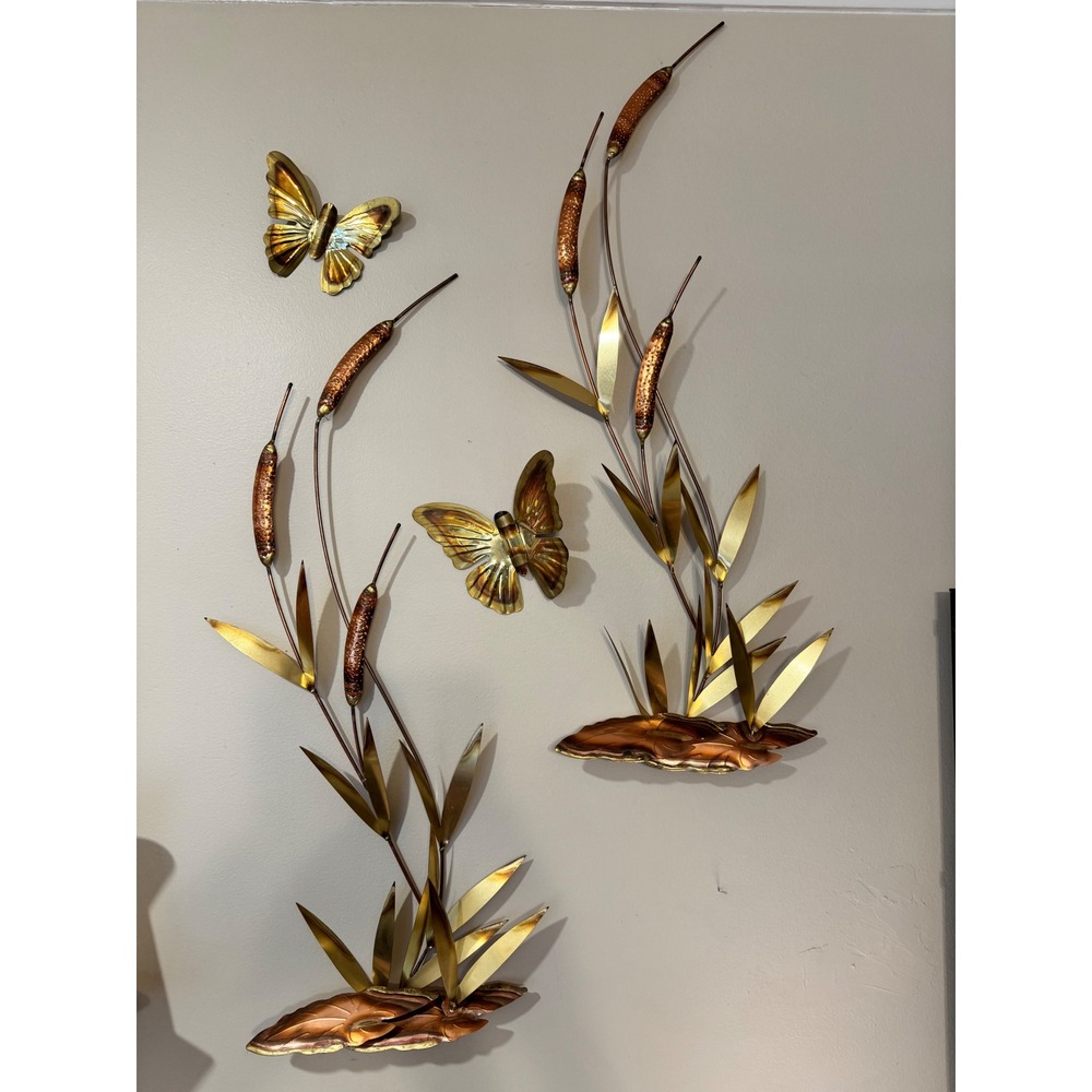 Vintage Mid-Century Modern Metal Wall Art Copper Brass Cattails Butterflies 4pc